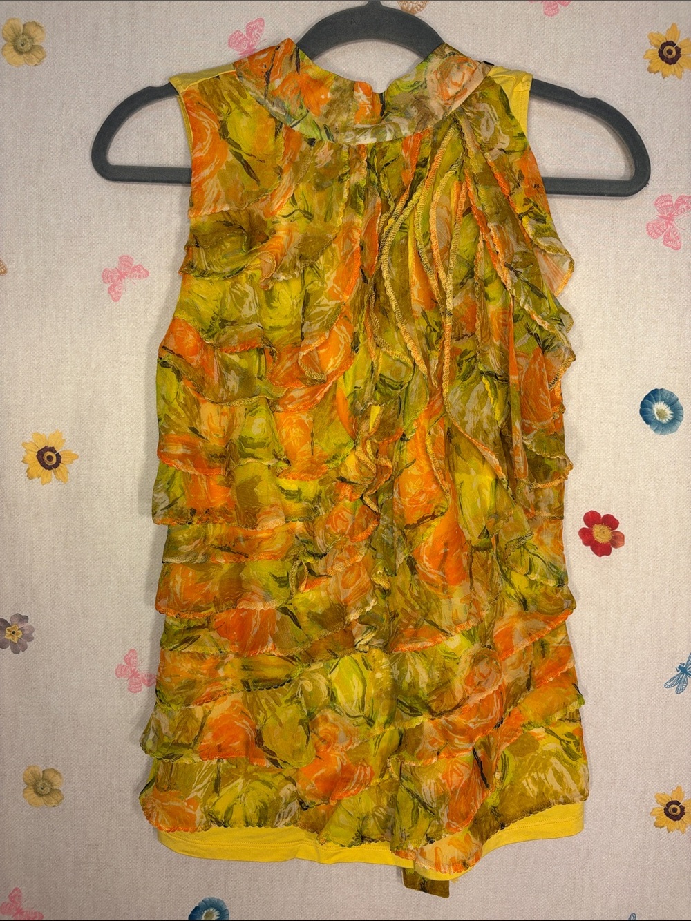 Vintage Helios & Luna - Yellow Orange Silk Ruffle Top
